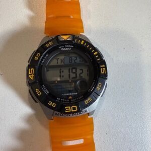 Casio WS-1100H Digital Sport Watch Illuminator Moon Phase Orange Band WR100M